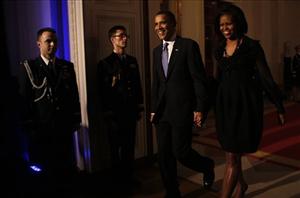 President Obama and Michelle Obama arrive at a Black History Month event celebrating the music of the Civil Rights Movement, Tuesday, Feb. 9, 2010.