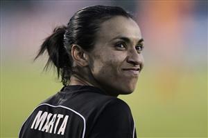 In this June 3, 2011, photo, Western New York Flash's Marta looks back at fans chanting her name during a game in Rochester, N.Y.
